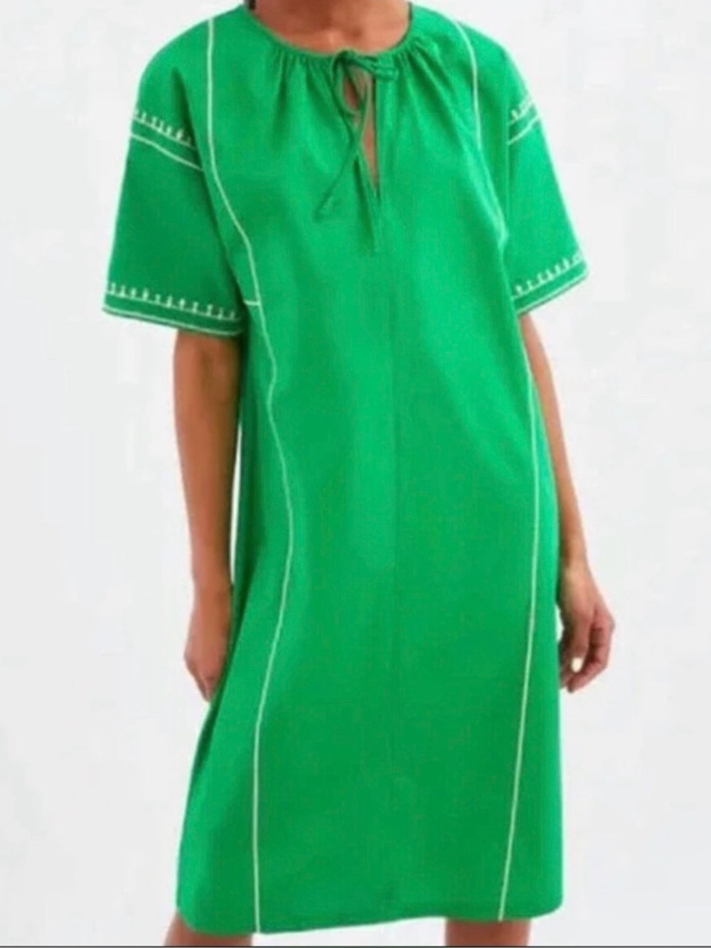 Zara Green Boho Tunic Dress with White Embroidery and Neck Tie Size Small - Picture 4 of 8